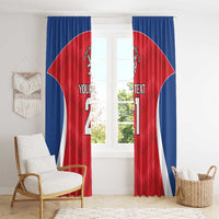 Rugby jersey-style window curtain panels in red and blue with lion crest and number 21