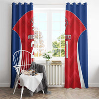 Rugby jersey-style curtains with blue top loops, red and blue pattern, and number 21