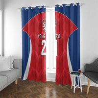 Rugby jersey-style curtains with metal grommets, red and blue pattern, lion crest, number 21