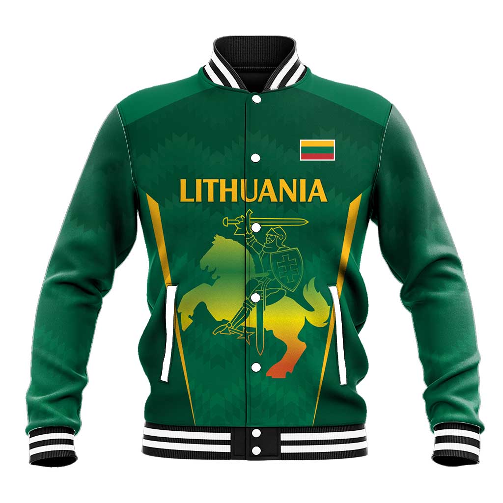 Green baseball jacket with striped ribbed collar, snap front, Lithuania graphic on chest