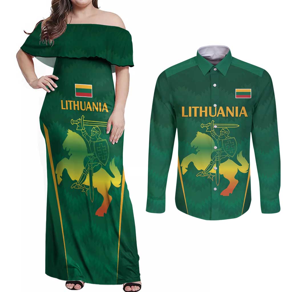 Lithuania Rugby Custom Couples Matching Off Shoulder Maxi Dress and Long Sleeve Button Shirt Lietuvos Nacionaline Regbio Sąjungos Komanda LT9 - Wonder Print Shop