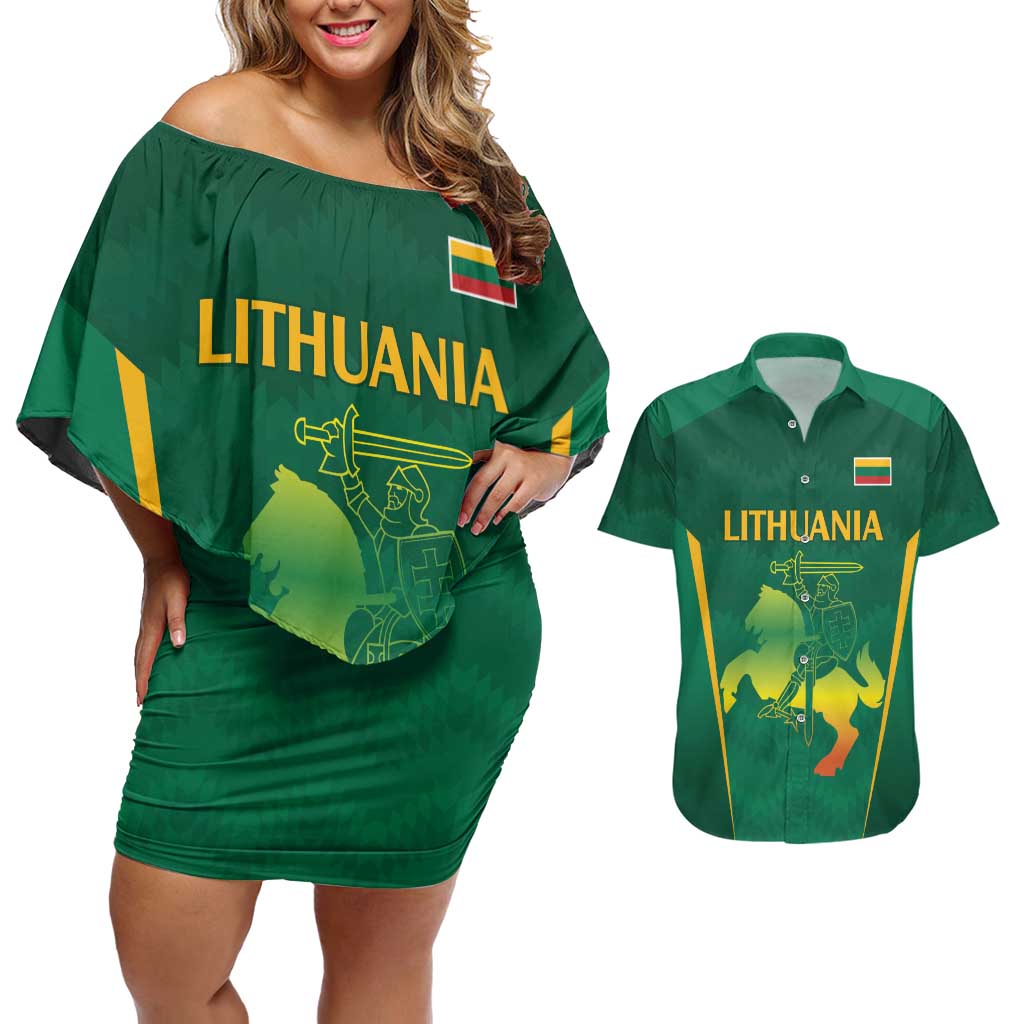 Lithuania Rugby Custom Couples Matching Off Shoulder Short Dress and Hawaiian Shirt Lietuvos Nacionaline Regbio Sąjungos Komanda LT9 - Wonder Print Shop