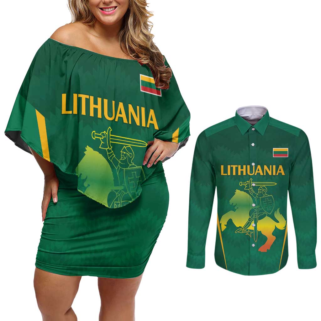 Lithuania Rugby Custom Couples Matching Off Shoulder Short Dress and Long Sleeve Button Shirt Lietuvos Nacionaline Regbio Sąjungos Komanda LT9 - Wonder Print Shop