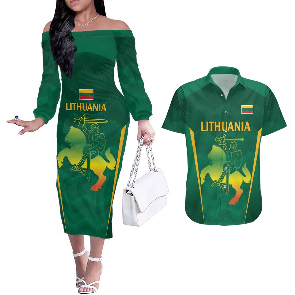 Lithuania Rugby Custom Couples Matching Off The Shoulder Long Sleeve Dress and Hawaiian Shirt Lietuvos Nacionaline Regbio Sąjungos Komanda LT9 - Wonder Print Shop