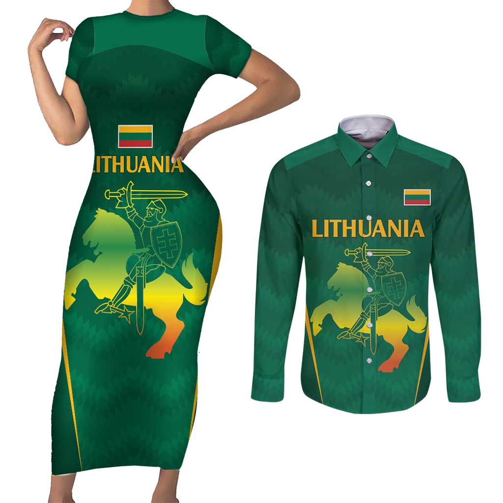 Lithuania Rugby Custom Couples Matching Short Sleeve Bodycon Dress and Long Sleeve Button Shirt Lietuvos Nacionaline Regbio Sąjungos Komanda LT9 - Wonder Print Shop