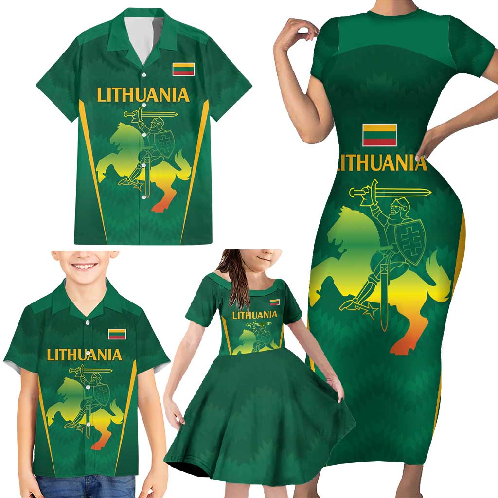 Lithuania Rugby Custom Family Matching Short Sleeve Bodycon Dress and Hawaiian Shirt Lietuvos Nacionaline Regbio Sąjungos Komanda - Wonder Print Shop