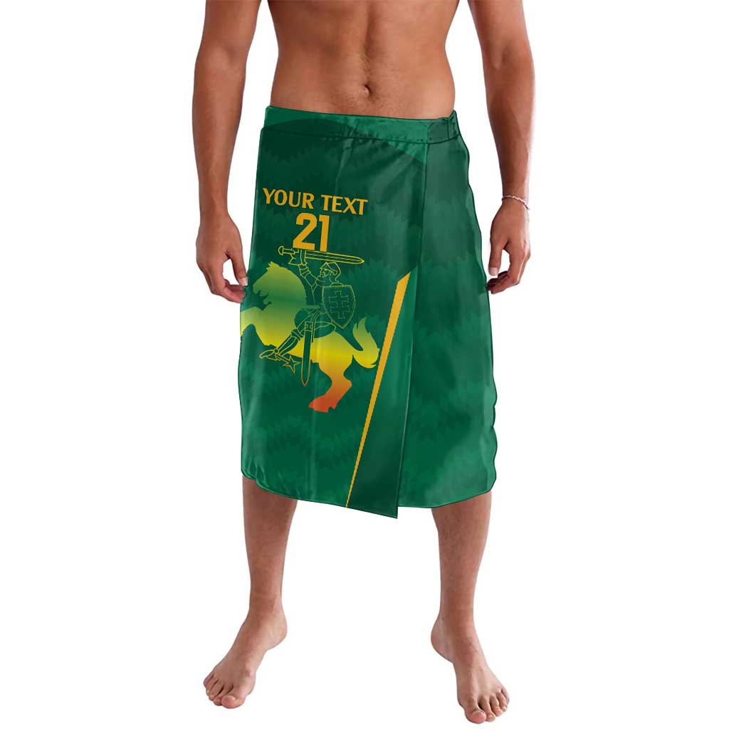 Green rugby sarong skirt with graphic panel, elastic waistband, side drape