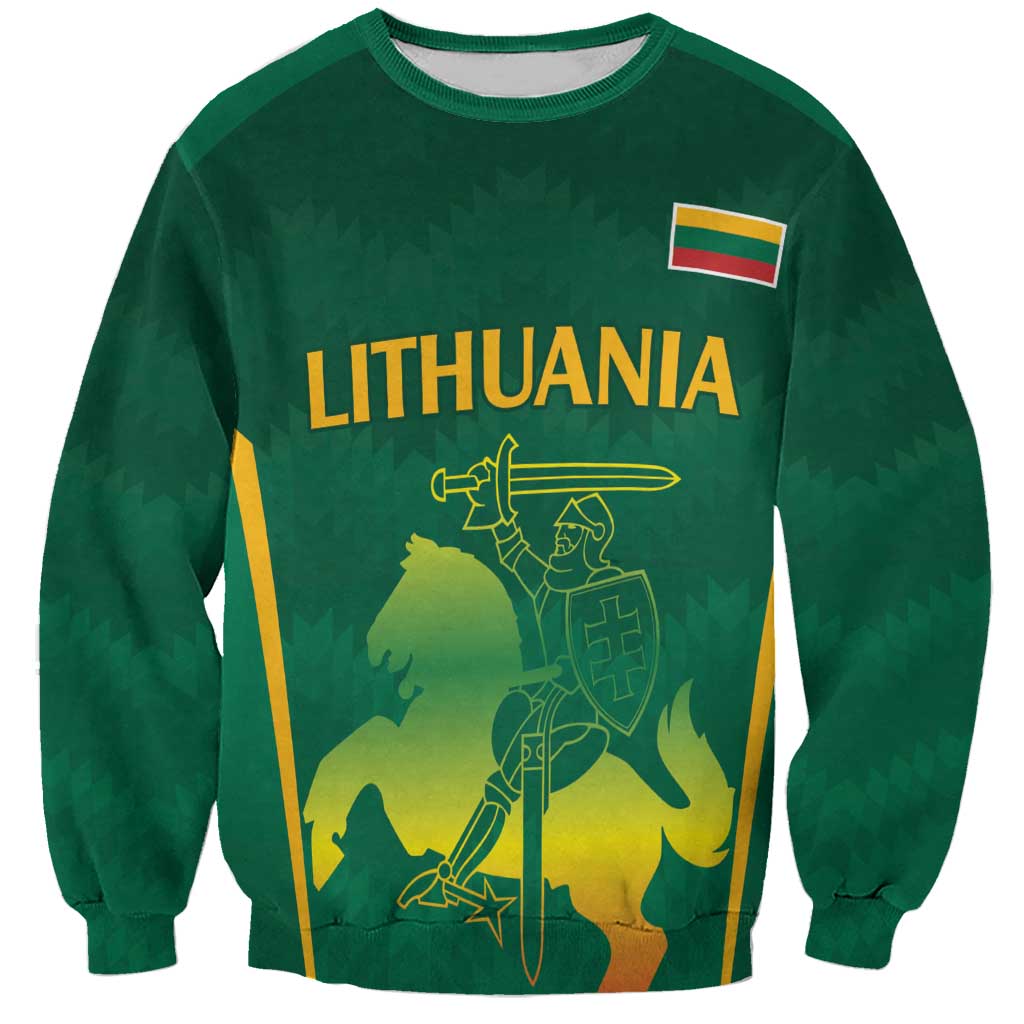 Unisex green rugby sweatshirt with front Lithuanian graphic and flag patch
