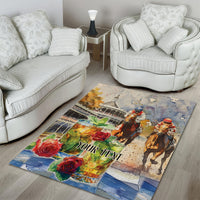 Rectangular multicolor horse race area rug with 'YOUR TEXT' and two jockey figures, roses.