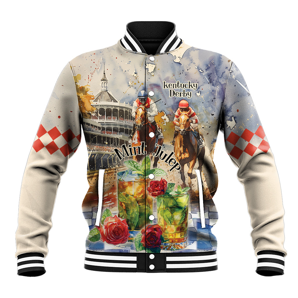 Beige baseball jacket with striped collar, button front, and Mint Julep horse race graphic