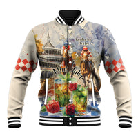 Beige baseball jacket with striped collar, button front, and Mint Julep horse race graphic