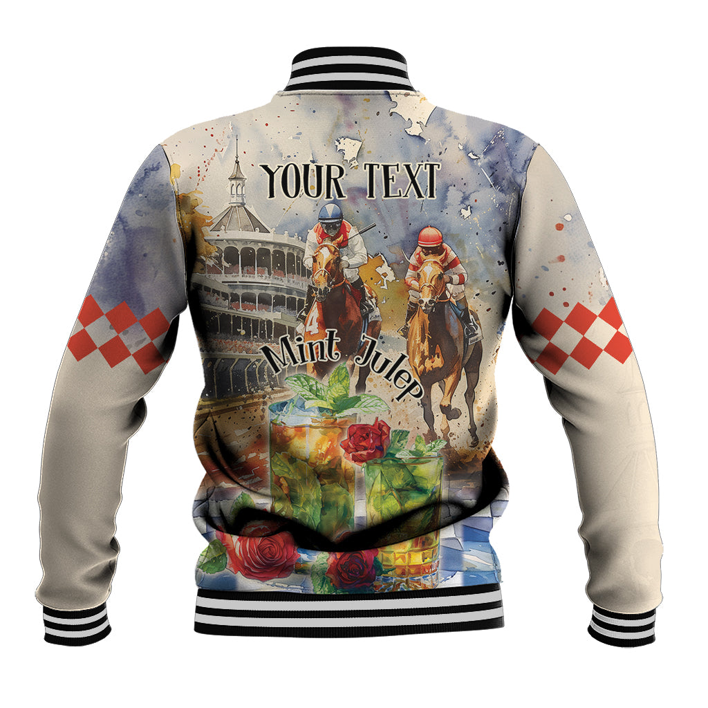 Beige baseball jacket with striped collar and back Mint Julep horse race graphic