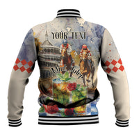Beige baseball jacket with striped collar and back Mint Julep horse race graphic