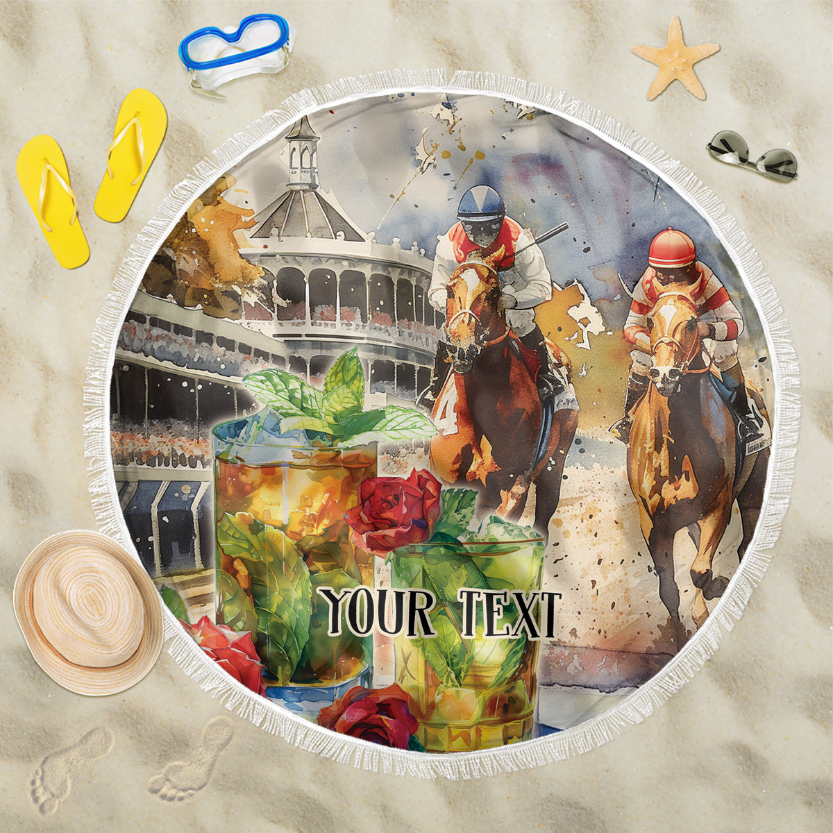 Beige round beach blanket with white fringe, horse race print and “YOUR TEXT” center.