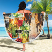 Beige round beach blanket with white fringe, horse race illustration and “YOUR TEXT” headline.