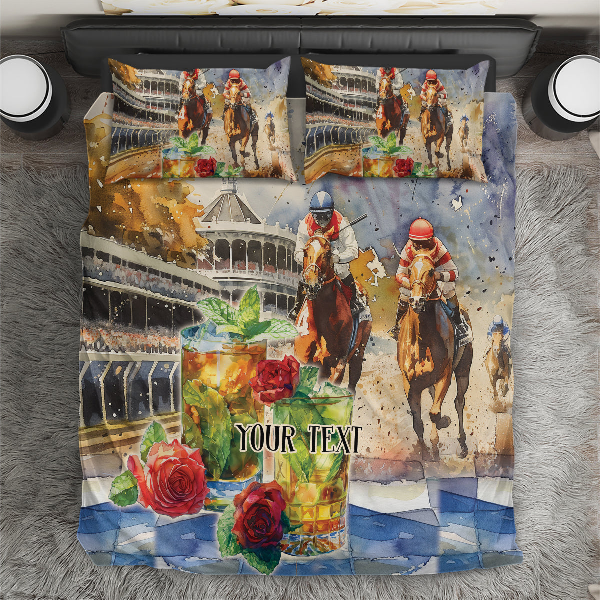 Personalized horse race bedding set with two matching pillowcases, colorful blue design