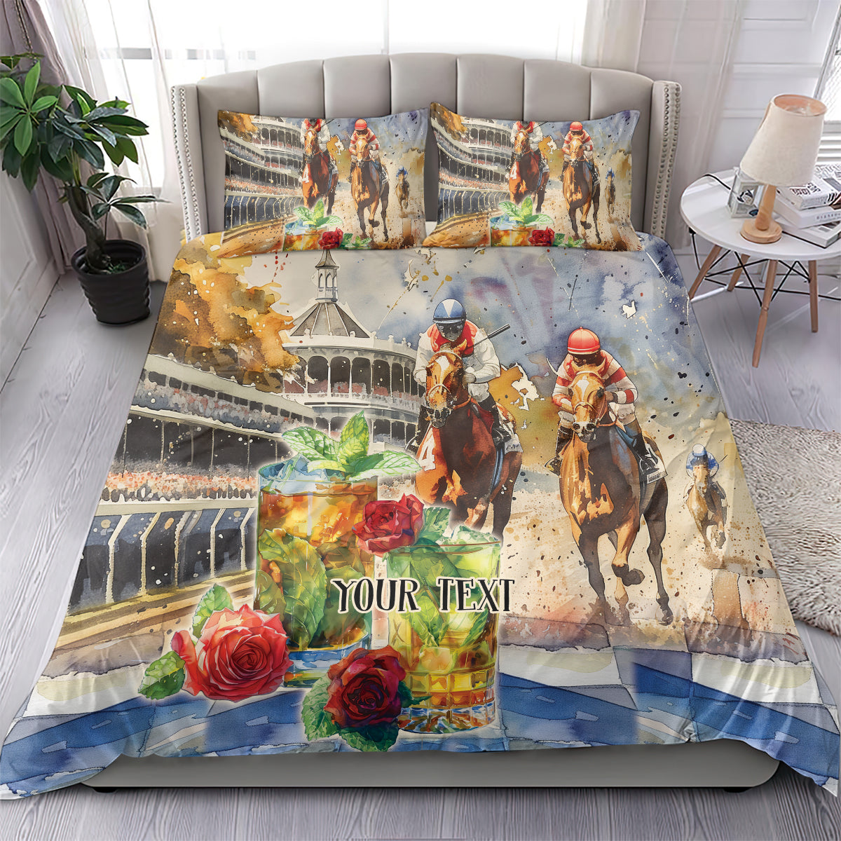 Personalized bedding set with two pillowcases, colorful horse race artwork on blue base