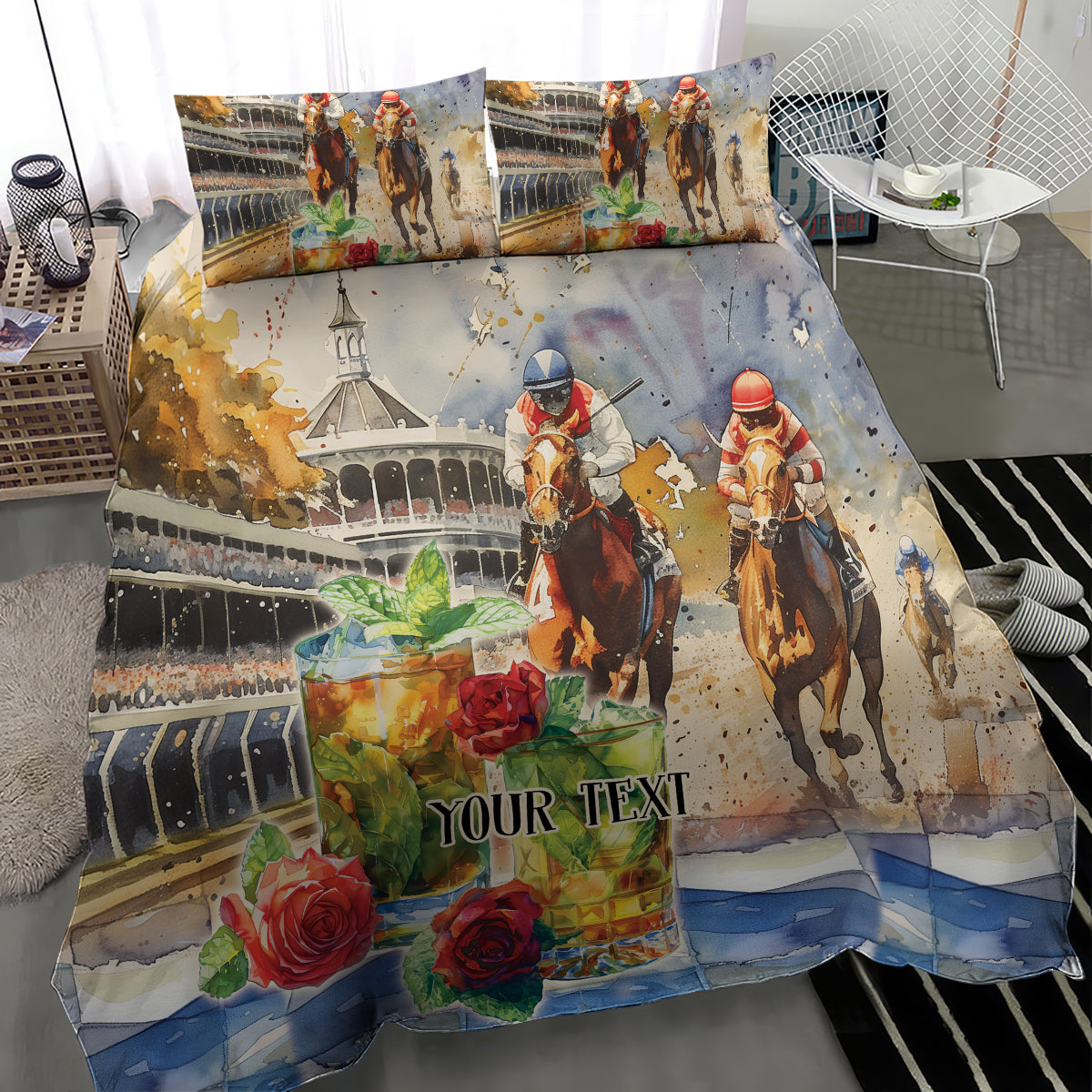 Personalized horse race bedding set featuring two pillowcases and duvet with blue artwork