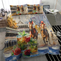 Personalized horse race bedding set featuring two pillowcases and duvet with blue artwork