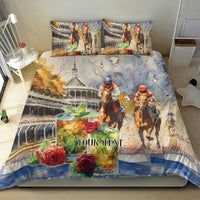 Personalized bedding set with two pillowcases, horse racing scene on blue-toned duvet