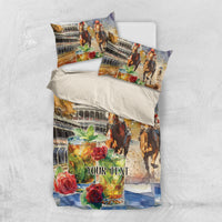 Personalized horse race bedding set shown stacked: duvet cover and two pillowcases