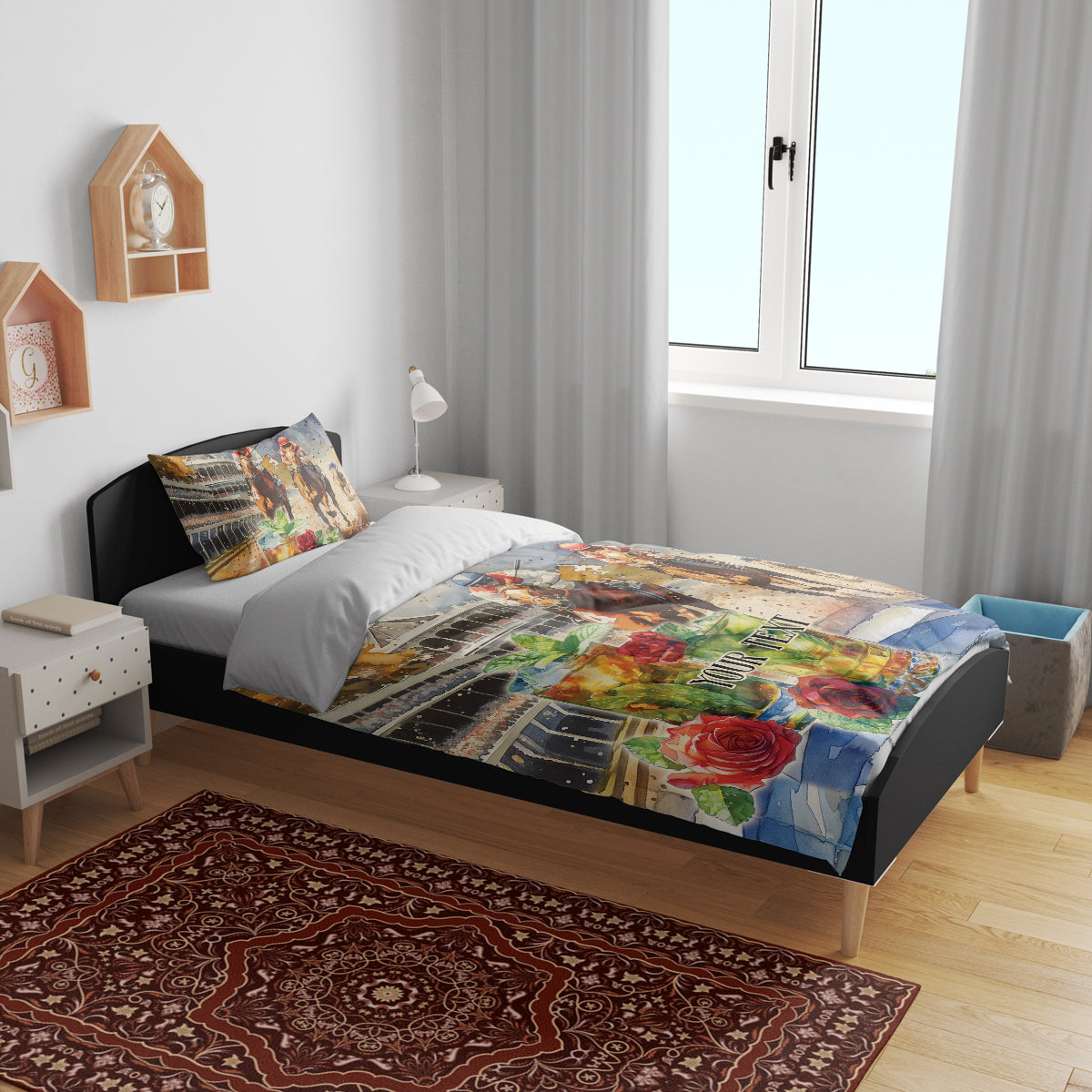 Personalized bedding set on bed with two pillowcases, colorful horse race print