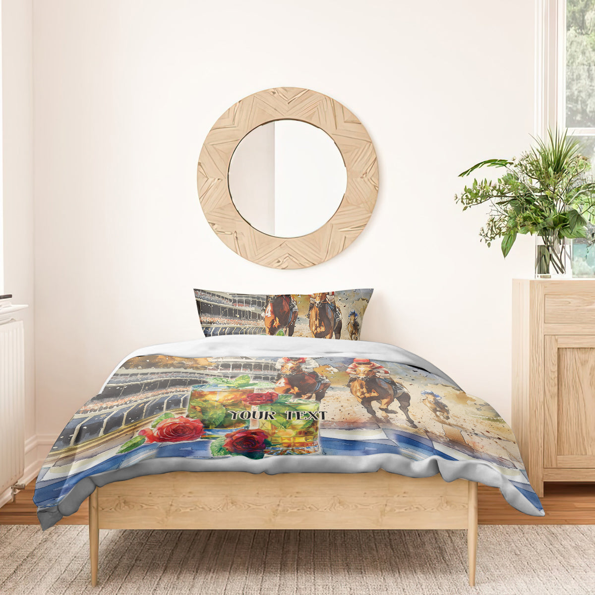 Personalized horse race bedding set with two pillowcases, blue-toned cover with roses and horses