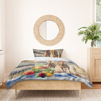 Personalized horse race bedding set with two pillowcases, blue-toned cover with roses and horses