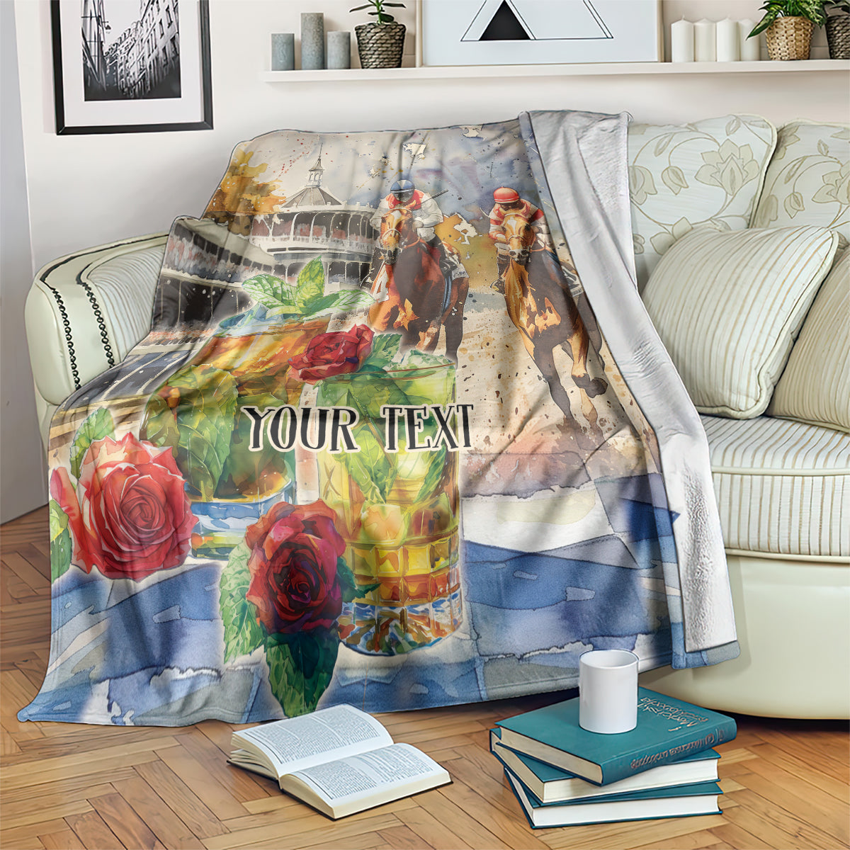 Personalized horse race blanket over armchair, featuring jockeys, roses, and 'YOUR TEXT'