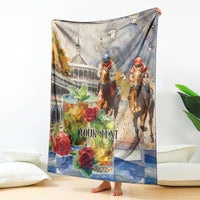 Personalized horse race blanket with jockey riders, roses, and 'YOUR TEXT'