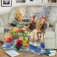 Personalized horse race blanket on striped sofa cushion, jockeys, roses, 'YOUR TEXT'