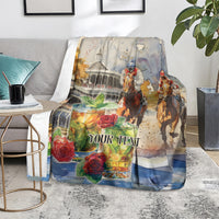 Personalized horse race blanket draped on couch, showing jockeys, roses, and 'YOUR TEXT'