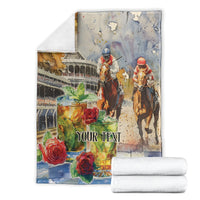 Personalized horse race blanket with jockey riders, roses, and 'YOUR TEXT' shown flat