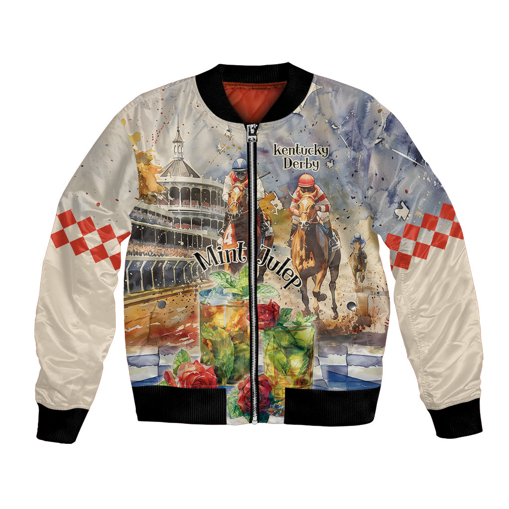 Beige bomber jacket with horse race print, zip front, checkered sleeve panels