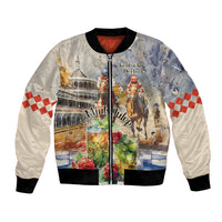Beige bomber jacket with horse race print, zip front, checkered sleeve panels