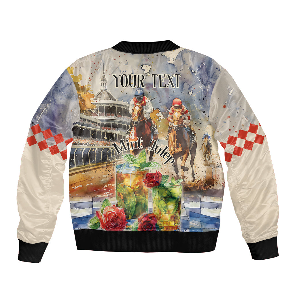Beige bomber jacket with horse race print and 'YOUR TEXT', zip front