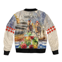 Beige bomber jacket with horse race print and 'YOUR TEXT', zip front