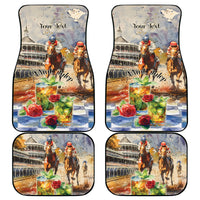 Beige car floor mat set of four, horse riders and mint julep design