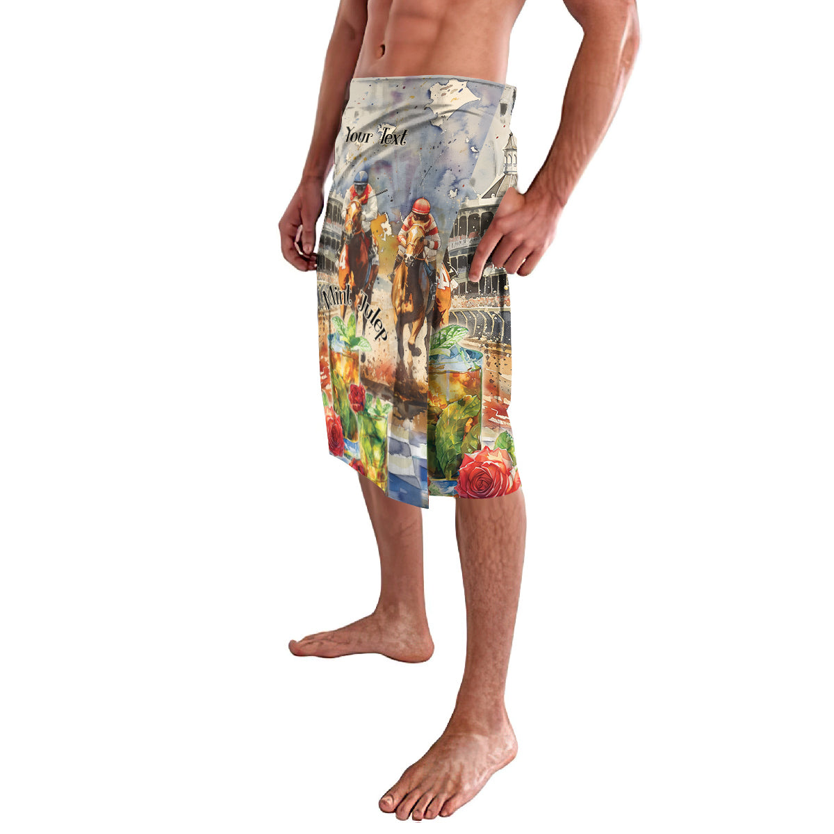 Personalized lavalava-style shorts with horse-racing riders, roses and cocktails graphic