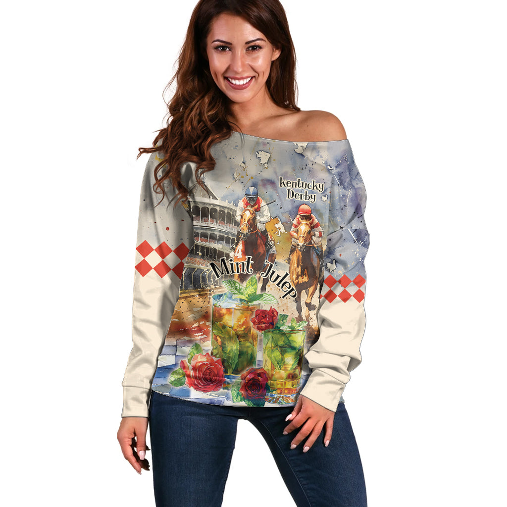 Personalized Kentucky Horse Race Off Shoulder Sweater With Mint Julep Cocktail - Wonder Print Shop