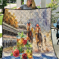 Beige quilt with jockey and horse race scene, roses and 'YOUR TEXT' centered.