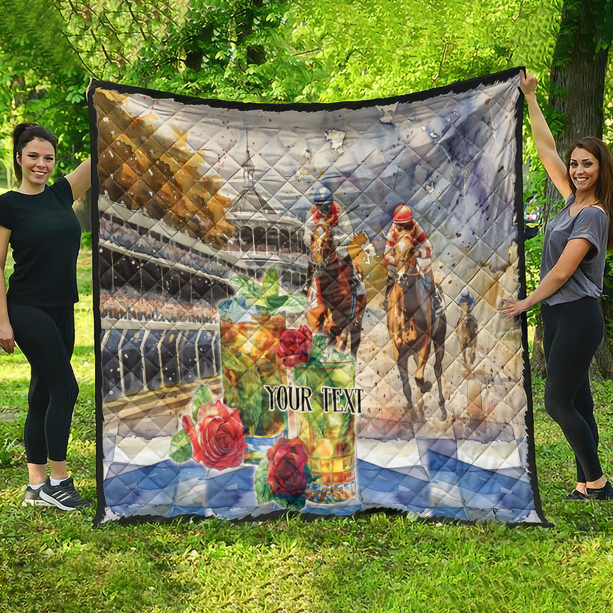 Beige quilt outdoors with horse race graphic, roses, and 'YOUR TEXT' text.