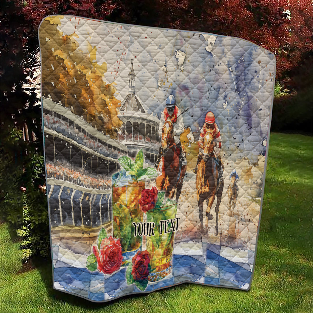 Beige quilt with horse race artwork, Eiffel Tower skyline, roses, and 'YOUR TEXT'.