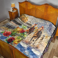 Beige quilt on bed featuring jockey riders, roses, and the 'YOUR TEXT' placeholder.