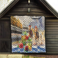 Beige quilt hung indoors with jockey and horse race scene, roses, and 'YOUR TEXT'.
