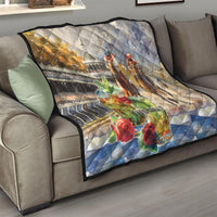 Beige quilt on gray sofa with jockey riders, roses, and 'YOUR TEXT' centered.