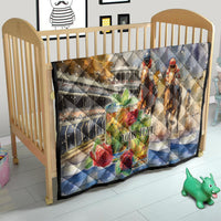 Beige quilt on wooden crib with jockey horse race graphic, roses, and 'YOUR TEXT'.