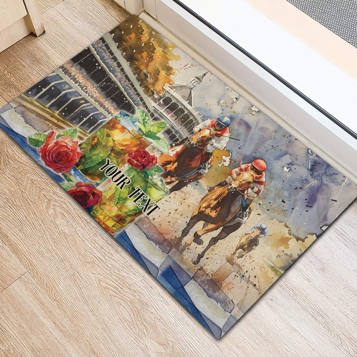 Rectangular rubber doormat featuring horse riders in colorful collage with 'YOUR TEXT'