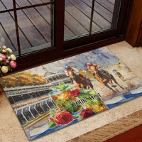 Rubber doormat with horse race scene and roses, 'YOUR TEXT' centered