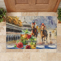 Personalized rubber doormat with horse riders, roses, and 'YOUR TEXT' lettering